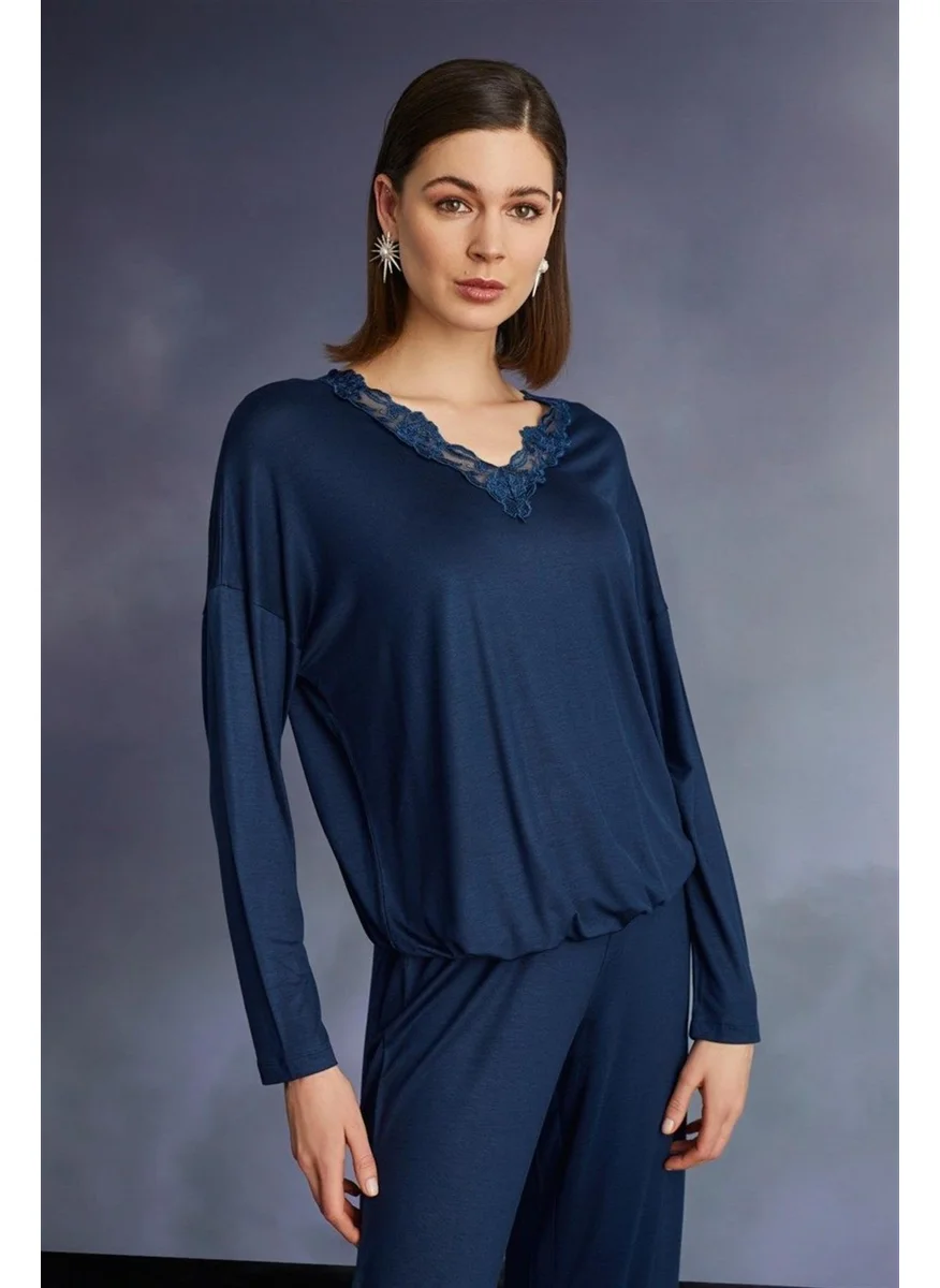 Monamise 22131 Women's Long Sleeve Pajama Set-Navy Blue