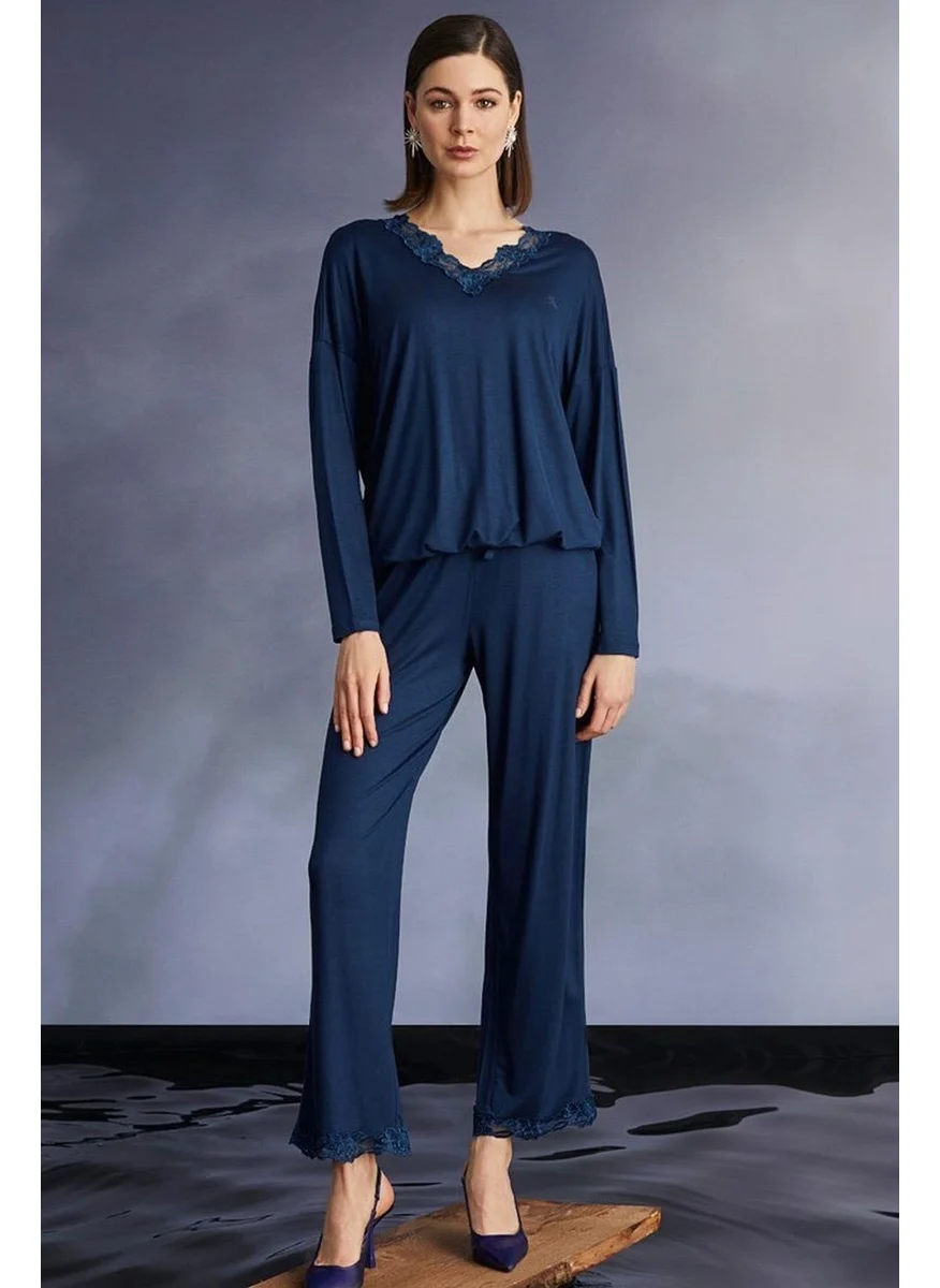 Monamise 22131 Women's Long Sleeve Pajama Set-Navy Blue