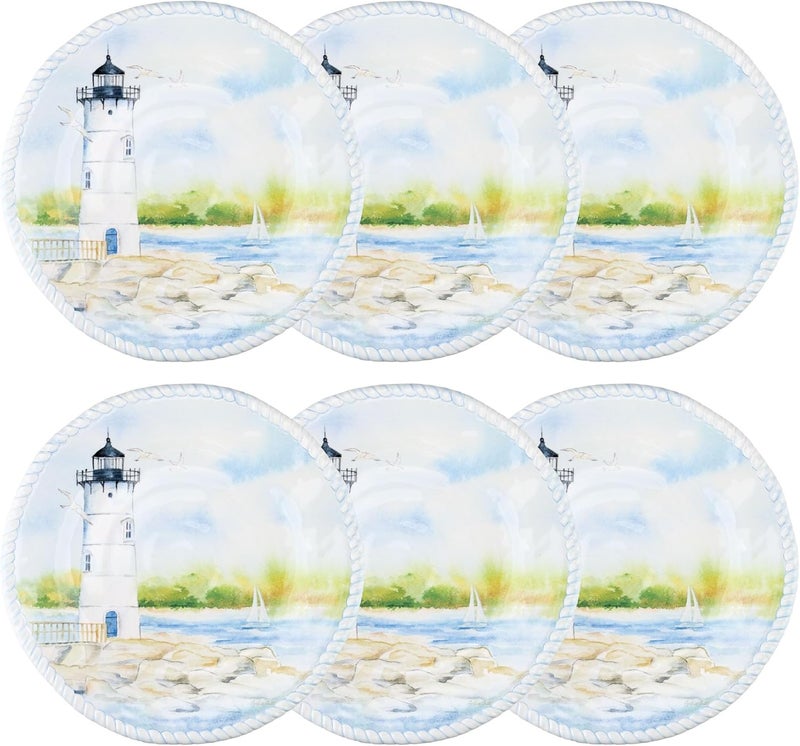 UPware Lighthouse Melamine Dinner Plate Set Round Plates with Rope Edge for Main course Pasta and Salad BPAFree Dishwasher Safe Blue 11 Inch Set of 6 - Image 1