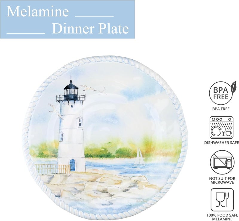 UPware Lighthouse Melamine Dinner Plate Set Round Plates with Rope Edge for Main course Pasta and Salad BPAFree Dishwasher Safe Blue 11 Inch Set of 6 - Image 2