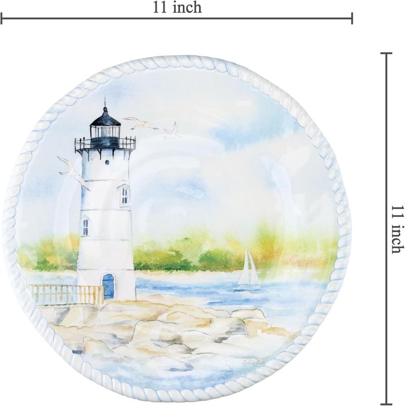 UPware Lighthouse Melamine Dinner Plate Set Round Plates with Rope Edge for Main course Pasta and Salad BPAFree Dishwasher Safe Blue 11 Inch Set of 6 - Image 3