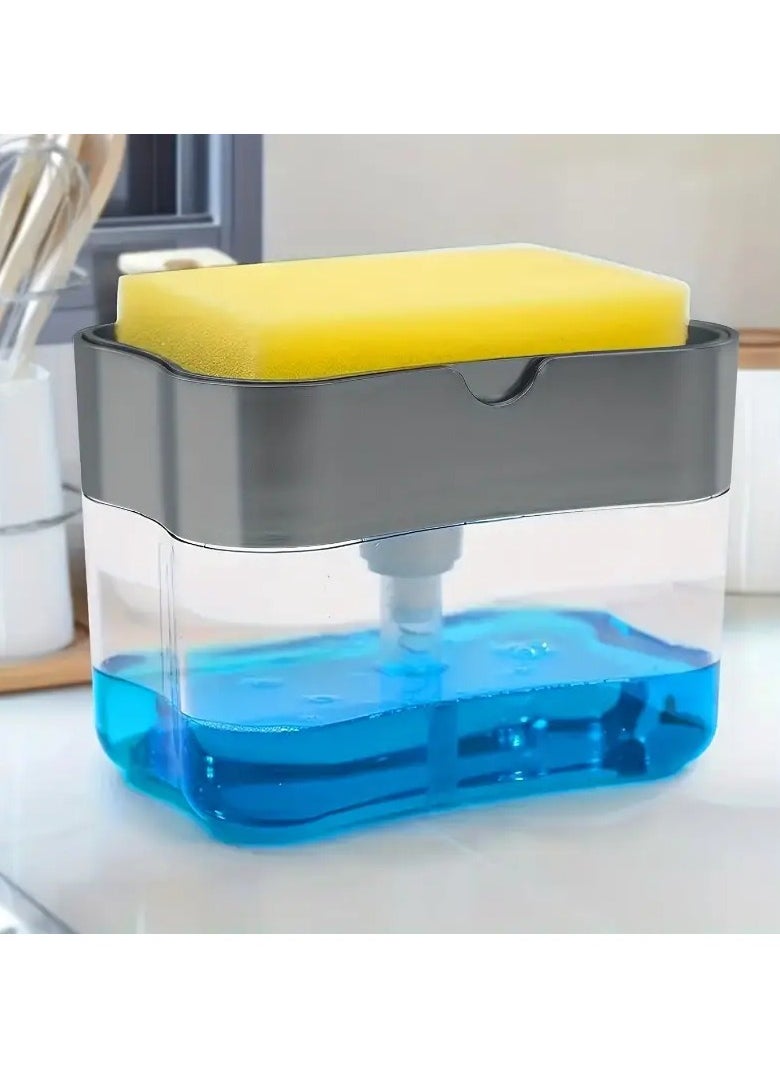 Efficient Dishwashing Set - Soap Dispenser with Integrated Sponge Caddy & Durable Cleaning Sponge, Easy One-Hand Pump Operation, Refillable System for Kitchen Use
