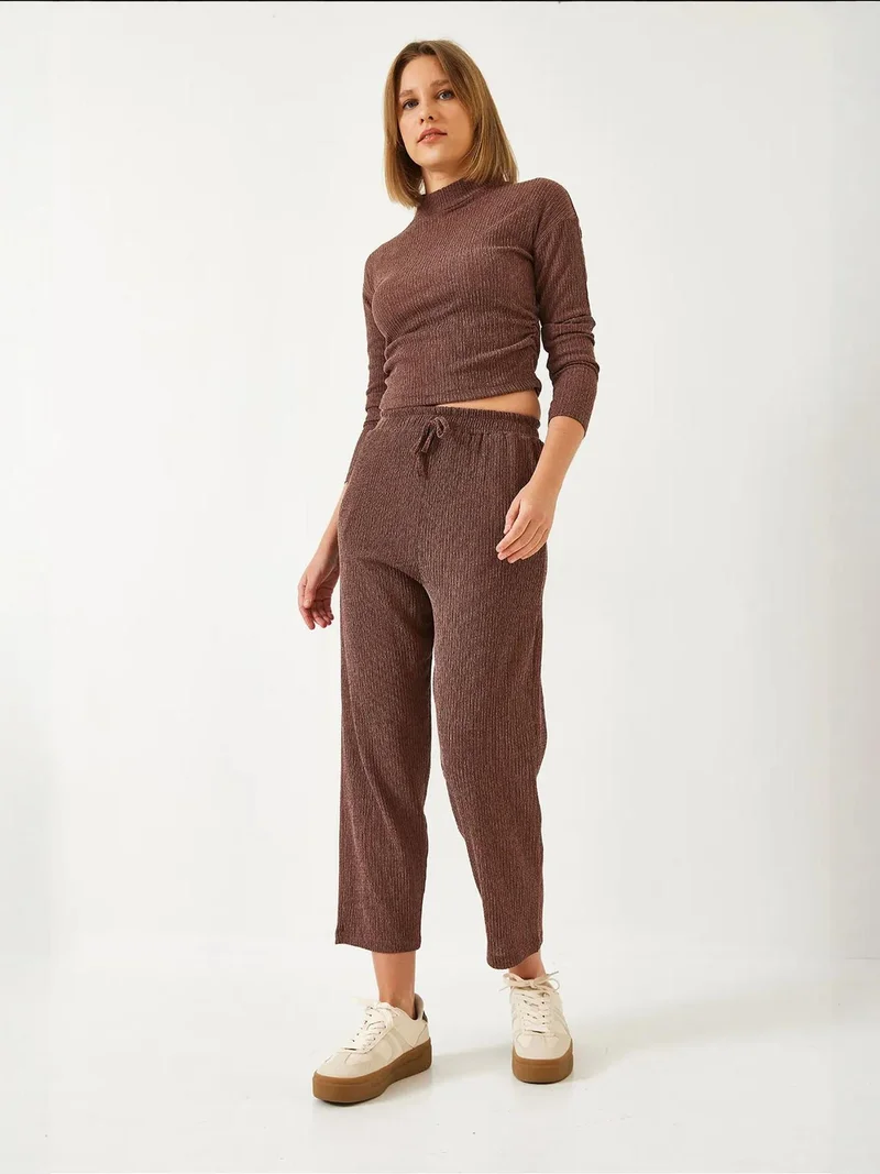 Bianco Lucci Mocha Brown LUCCI Textured Turtleneck Crop Co-ord Set for Women | Best Price UAE
