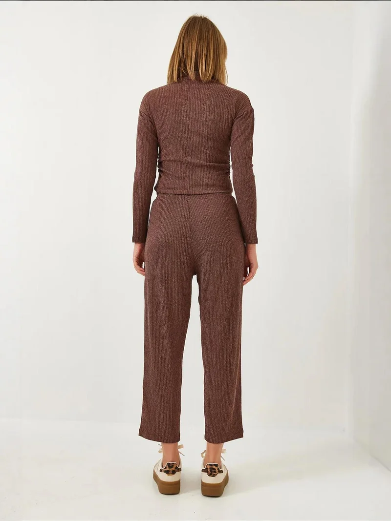 Bianco Lucci Mocha Brown LUCCI Textured Turtleneck Crop Co-ord Set for Women | Best Price UAE
