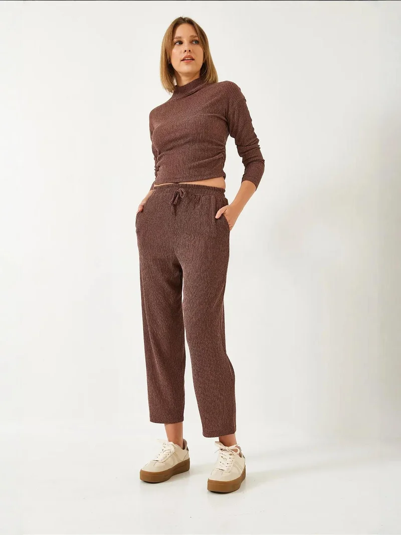 Bianco Lucci Mocha Brown LUCCI Textured Turtleneck Crop Co-ord Set for Women | Best Price UAE