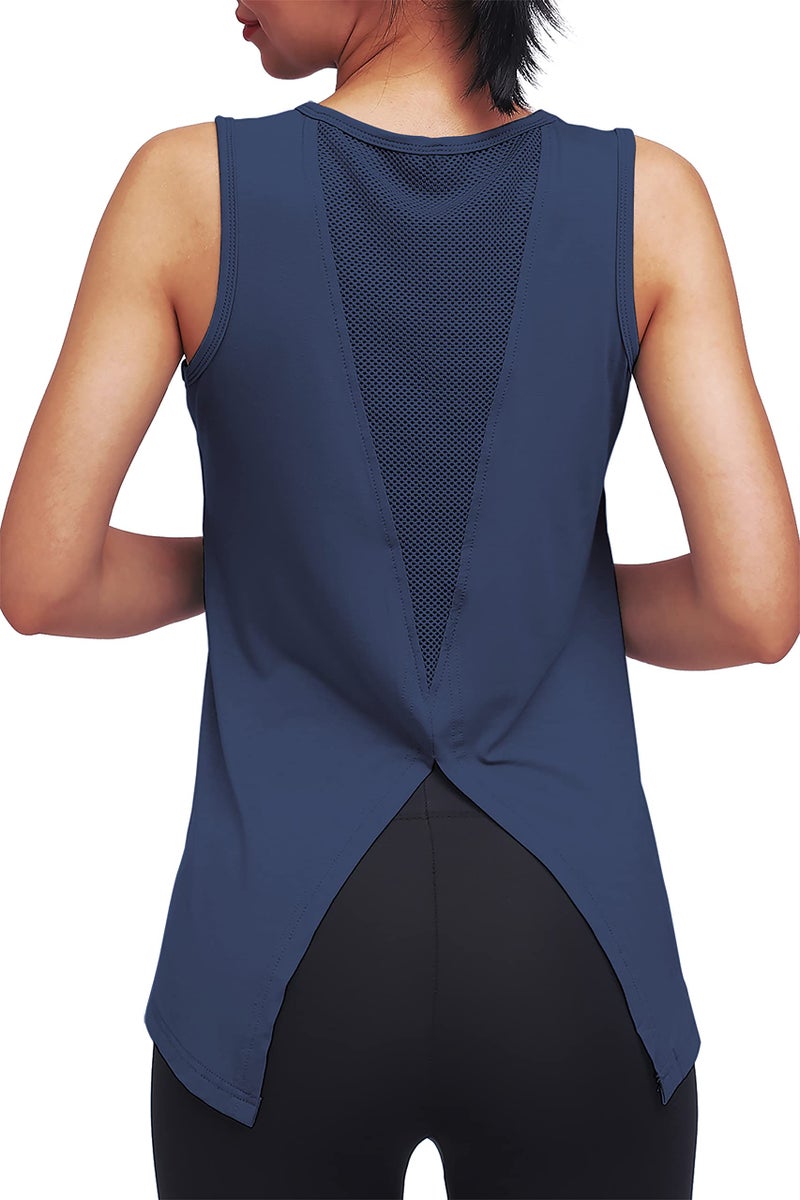 Mippo Workout Tops for Women Yoga Shirts Mesh Tie Back Tank Workout Tennis Shirts Sport Clothes Active Wear Navy Blue L - Image 3