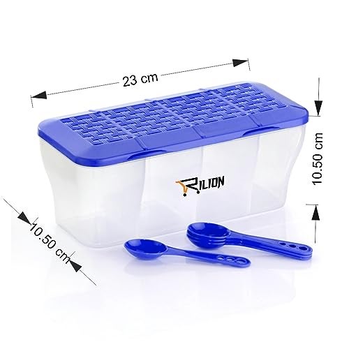 RILION Multipurpose Plastic 4 In 1 Masala Box for Kitchen, Transparent Pickel Box, 4 Compartment Storage Container Airtight For Cereal, Dry Fruits Dabba1800 Ml with 4 Spoons(Blue) - Image 2
