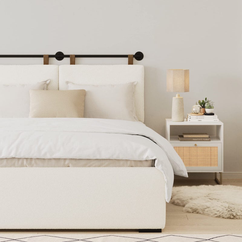 Nathan James Charlie Wall Mount Hanging Upholstered Headboard, Queen, White Boucle with Brown Faux Leather Straps - Image 2