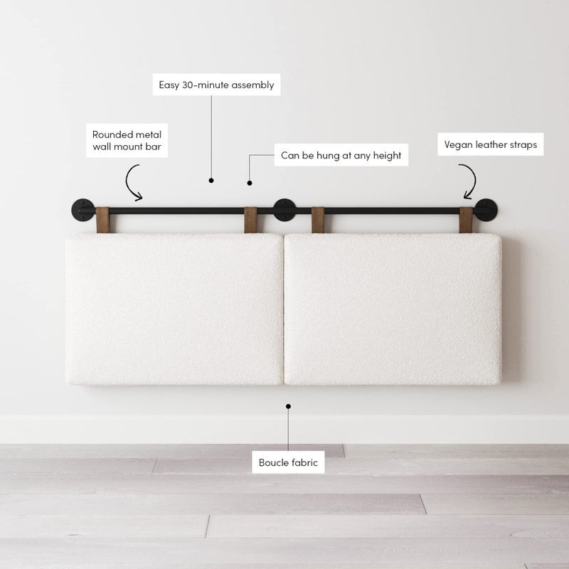 Nathan James Charlie Wall Mount Hanging Upholstered Headboard, Queen, White Boucle with Brown Faux Leather Straps - Image 3