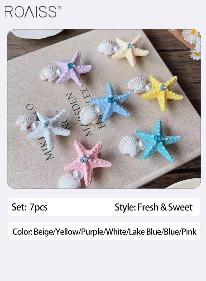 رويس 7 قطع من دبابيس الشعر النسائية الملونة على شكل نجمة البحر، مشبك شعر من اللؤلؤ الصدفي، مشابك جانبية جميلة ومنعشة، إكسسوارات شعر لقضاء العطلات على شاطئ البحر - Image 2