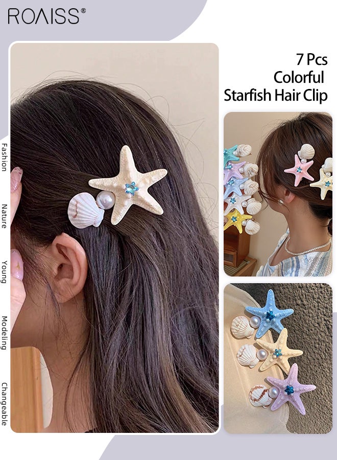 رويس 7 قطع من دبابيس الشعر النسائية الملونة على شكل نجمة البحر، مشبك شعر من اللؤلؤ الصدفي، مشابك جانبية جميلة ومنعشة، إكسسوارات شعر لقضاء العطلات على شاطئ البحر - Image 1