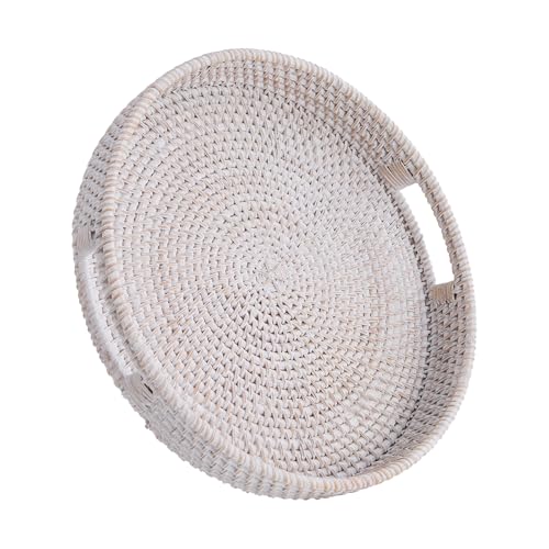 Kmelep Round Rattan Serving TrayHandWoven Tray with Handles Ottoman Decorative Coffee Table TrayWicker Storage Basket for TeaFruitBread Whitewash 118 - Image 1