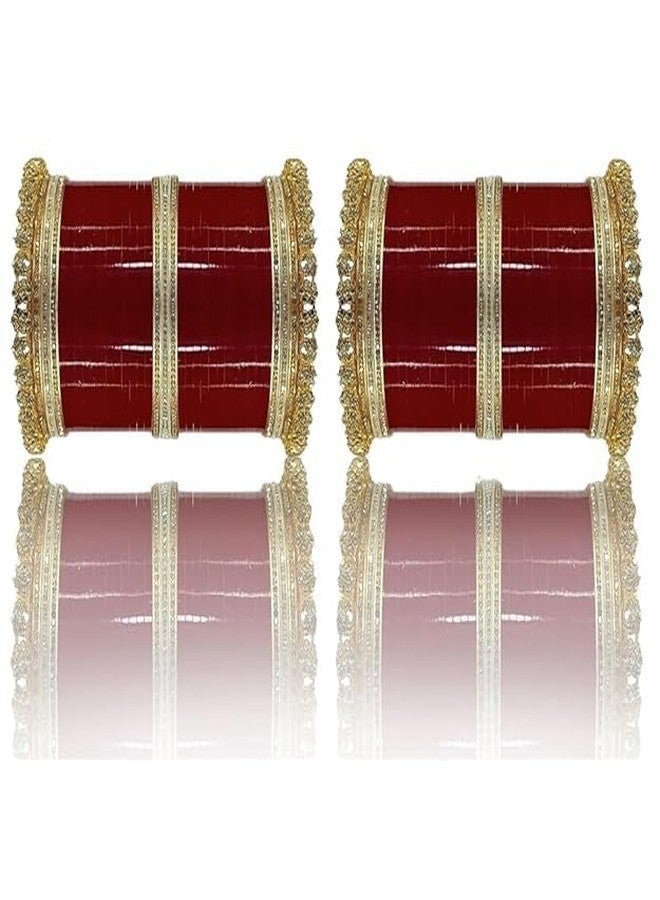 BANGLESKART مجموعة أساور تشودا البنجابية التقليدية المصنوعة يدويًا من بانغلسكارت للنساء، مناسبة لحفلات الزفاف والذكرى السنوية، باللونين العنابي والذهبي. - Image 1