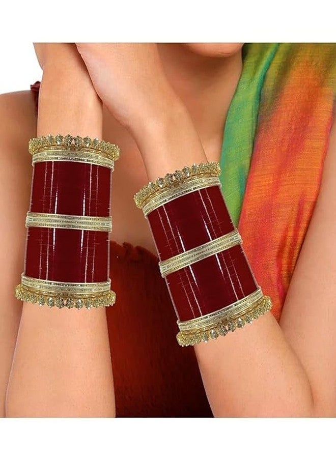 BANGLESKART مجموعة أساور تشودا البنجابية التقليدية المصنوعة يدويًا من بانغلسكارت للنساء، مناسبة لحفلات الزفاف والذكرى السنوية، باللونين العنابي والذهبي. - Image 3