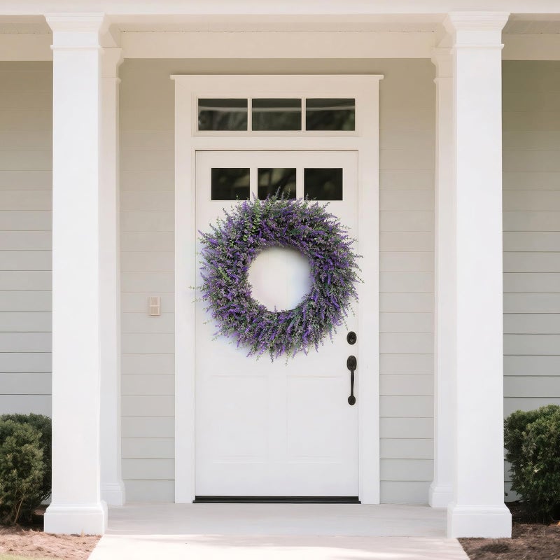 FOTEEWL 32'' Large Eucalyptus and Lavender Wreath for Front Door, Porch, Window- Artificial Eucalyptus Leaves with Lavender Wreath for Home, Farmhouse Wall Decor- Spring, Summer, Fall, All Seasons (Purple) - Image 2