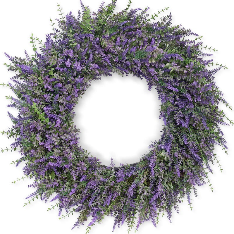 FOTEEWL 32'' Large Eucalyptus and Lavender Wreath for Front Door, Porch, Window- Artificial Eucalyptus Leaves with Lavender Wreath for Home, Farmhouse Wall Decor- Spring, Summer, Fall, All Seasons (Purple) - Image 1
