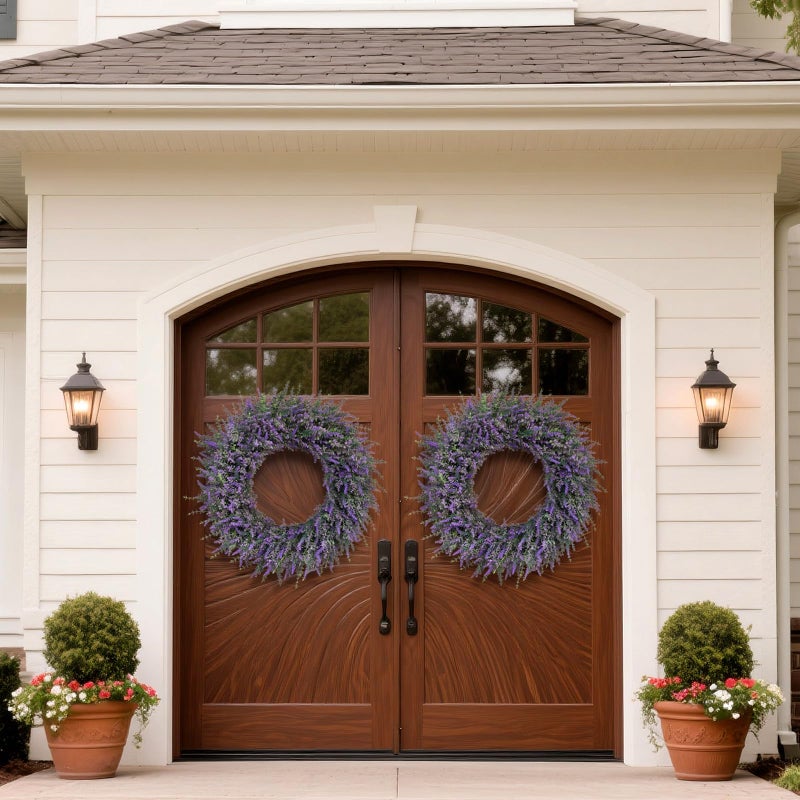 FOTEEWL 32'' Large Eucalyptus and Lavender Wreath for Front Door, Porch, Window- Artificial Eucalyptus Leaves with Lavender Wreath for Home, Farmhouse Wall Decor- Spring, Summer, Fall, All Seasons (Purple) - Image 4