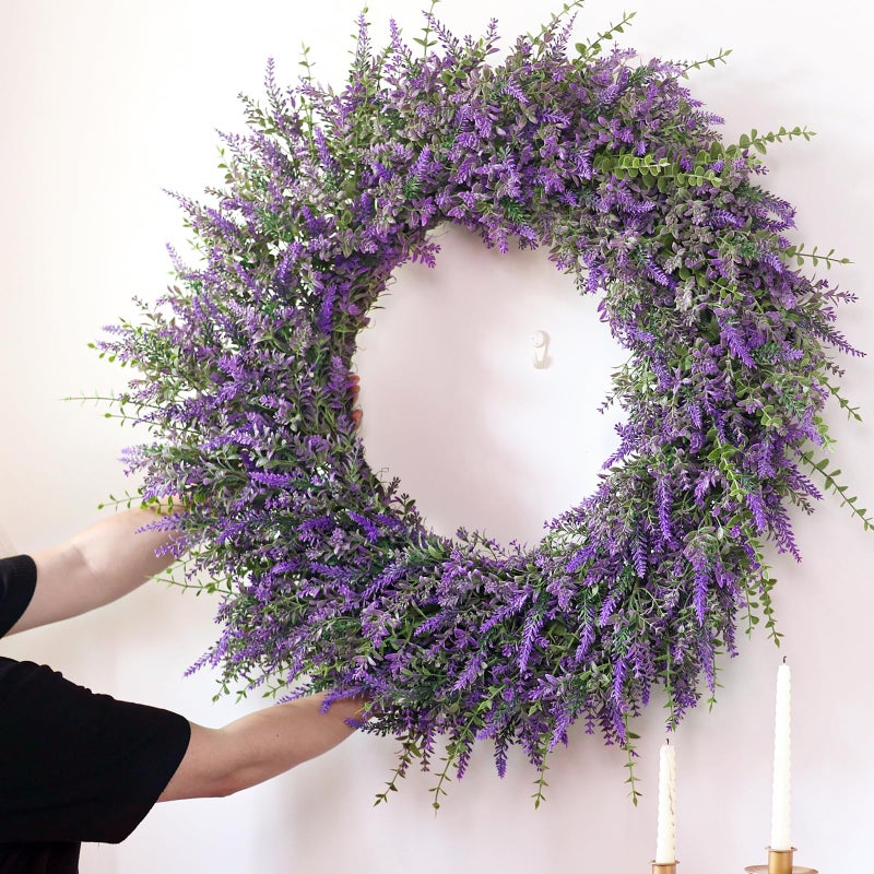 FOTEEWL 32'' Large Eucalyptus and Lavender Wreath for Front Door, Porch, Window- Artificial Eucalyptus Leaves with Lavender Wreath for Home, Farmhouse Wall Decor- Spring, Summer, Fall, All Seasons (Purple) - Image 5