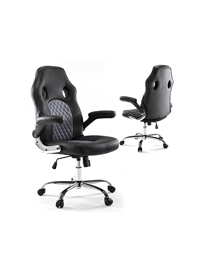 McQ Gaming Chair, Home Office Computer Chair PU Leather Ergonomic Racing Desk Chair Adjustable Height Mid Back Executive Task Chair with Lumbar Support and Flip Up Armrest, Rocking Swivel Comfty Cushion  - Image 1