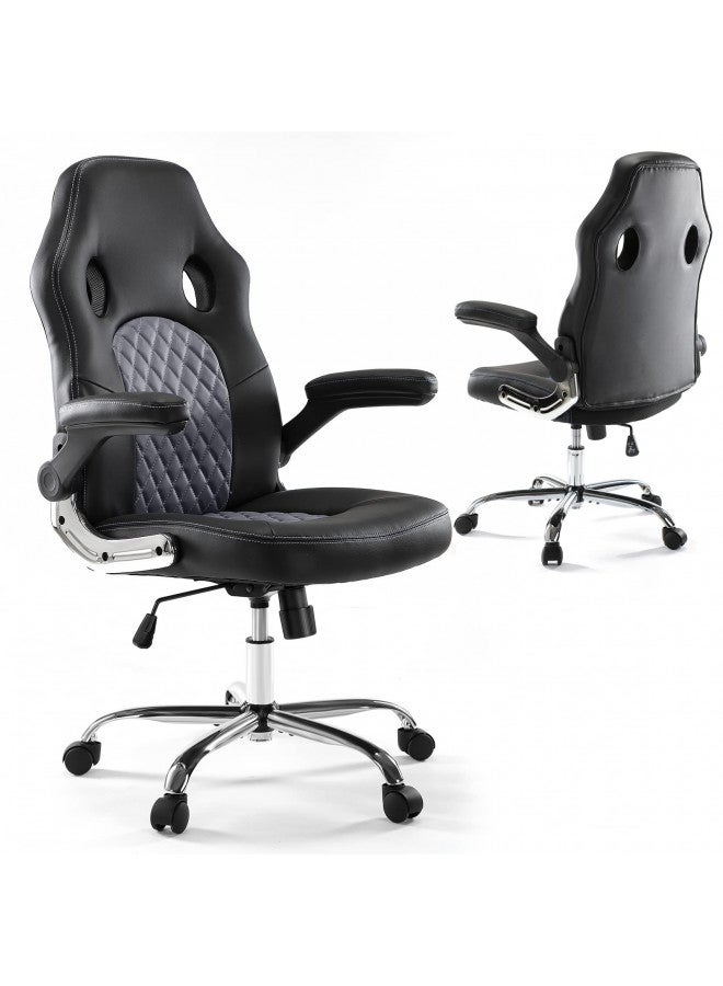 McQ Gaming Chair, Home Office Computer Chair PU Leather Ergonomic Racing Desk Chair Adjustable Height Mid Back Executive Task Chair with Lumbar Support and Flip Up Armrest, Rocking Swivel Comfty Cushion  - Image 2
