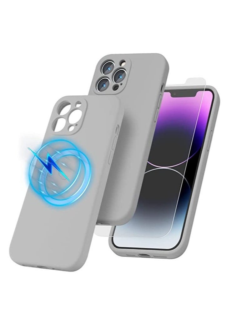 Raxoom iPhone 14 Pro + 2 Pack Tempered Glass Screen Protector Magsafe Case Silicone Phone Case with Microfiber Lining for iPhone 14 Pro 6.1 inch 2022,Grey - Image 1