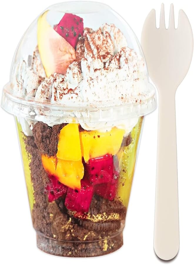 9 oz Clear Plastic Cups with Lids No Hole & Sporks – (50 Sets) Plastic Fruit Cup Snack Bowl, Disposable Plastic Clear Cups with Dome Lids for Dessert, Parfait, Ice Cream, Pudding, Sturdy Leak Proof