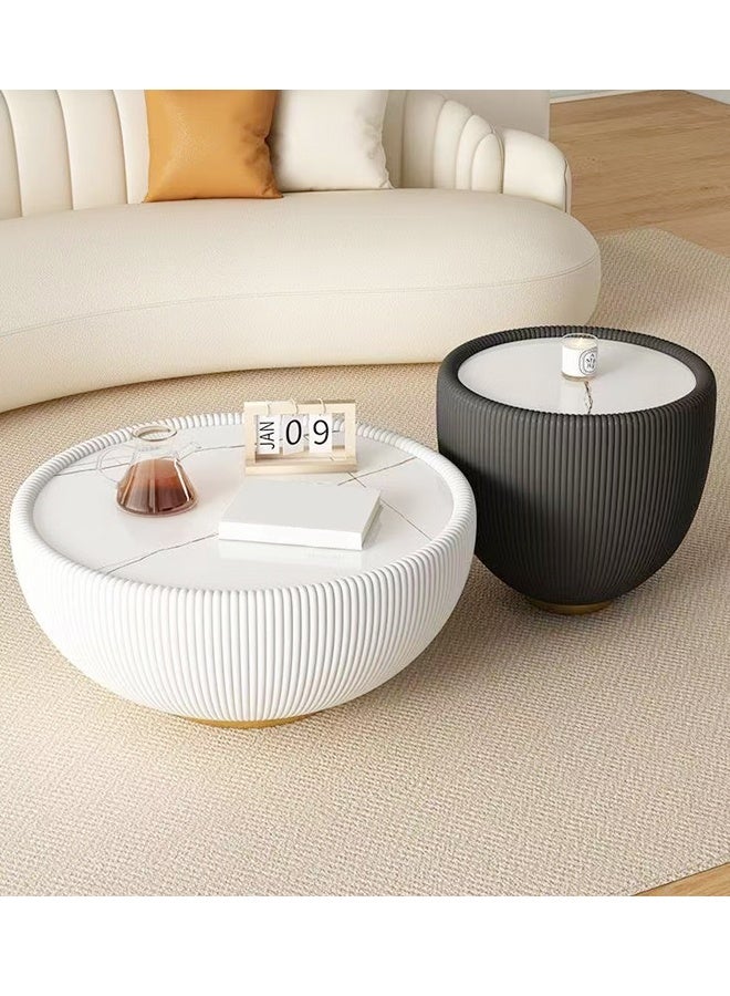 فاشون هوم مجموعة من طاولتي قهوة متعددتي الأغراض بتصميم منتصف القرن، طاولات تقديم دائرية من الحجر، طاولات مركزية مزخرفة، طاولات مركزية فاخرة مغلفة بالجلد، طاولات عرض لغرفة المعيشة والمكتب المنزلي، 75 × 35 و50 × 45 سم - Image 2