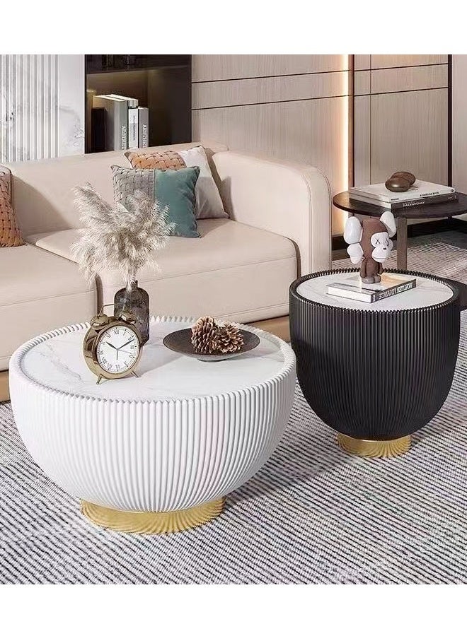 فاشون هوم مجموعة من طاولتي قهوة متعددتي الأغراض بتصميم منتصف القرن، طاولات تقديم دائرية من الحجر، طاولات مركزية مزخرفة، طاولات مركزية فاخرة مغلفة بالجلد، طاولات عرض لغرفة المعيشة والمكتب المنزلي، 75 × 35 و50 × 45 سم - Image 4