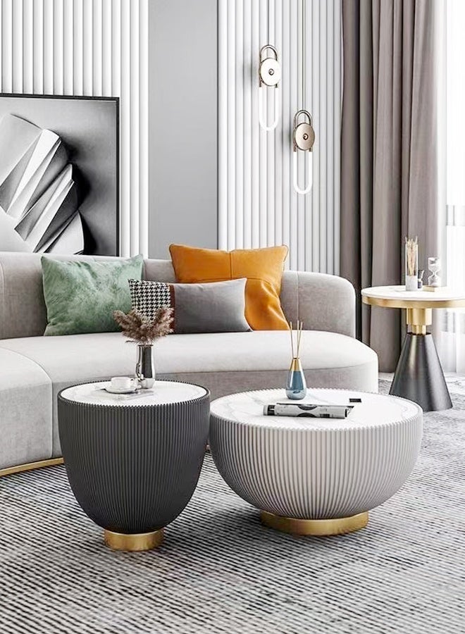 فاشون هوم مجموعة من طاولتي قهوة متعددتي الأغراض بتصميم منتصف القرن، طاولات تقديم دائرية من الحجر، طاولات مركزية مزخرفة، طاولات مركزية فاخرة مغلفة بالجلد، طاولات عرض لغرفة المعيشة والمكتب المنزلي، 75 × 35 و50 × 45 سم - Image 3