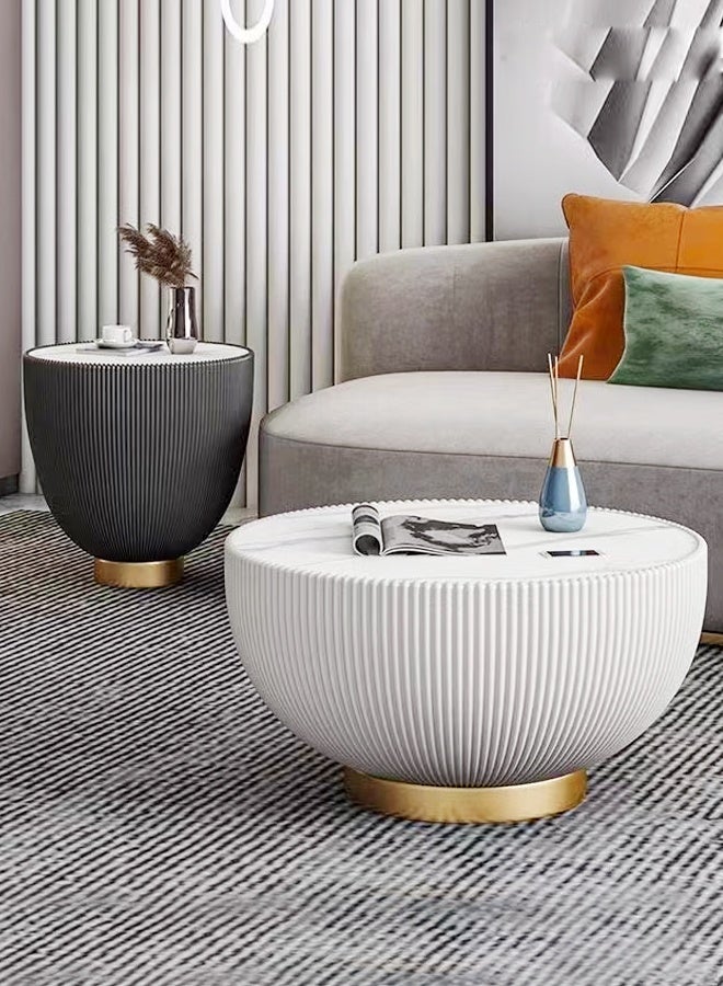 فاشون هوم مجموعة من طاولتي قهوة متعددتي الأغراض بتصميم منتصف القرن، طاولات تقديم دائرية من الحجر، طاولات مركزية مزخرفة، طاولات مركزية فاخرة مغلفة بالجلد، طاولات عرض لغرفة المعيشة والمكتب المنزلي، 75 × 35 و50 × 45 سم - Image 5