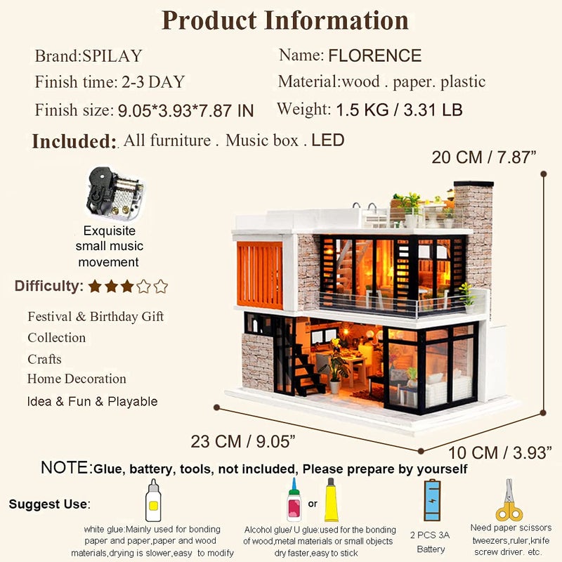 Spilay Dollhouse مصغرة مع الأثاث DIY Kit Mini Modern Villa نموذج مع صندوق الموسيقى 1:24 مقياس الإبداعية بيت الدمية أفضل هدية عيد ميلاد لعشاق الأولاد والبنات (فلورنسا) - Image 4