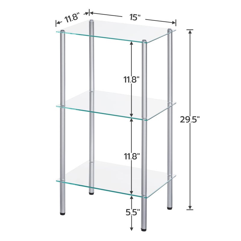 HOOBRO Glass Shelf, 3 Tier Bathroom Standing Shelf Unit, Tempered Glass Shelving Stand for Small Space, Perfume Stand Organizer, Space-Saving, for Bathroom, Bedroom, Steel Frame, Silver SV03CJ01 - Image 3