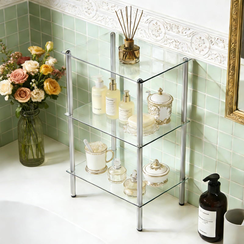 HOOBRO Glass Shelf, 3 Tier Bathroom Standing Shelf Unit, Tempered Glass Shelving Stand for Small Space, Perfume Stand Organizer, Space-Saving, for Bathroom, Bedroom, Steel Frame, Silver SV03CJ01 - Image 4