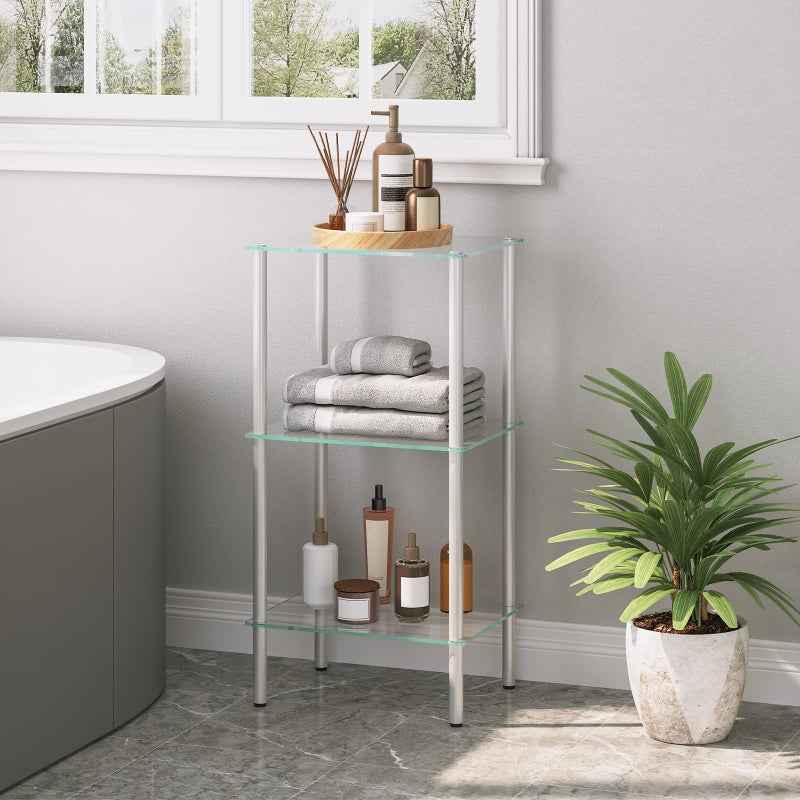 HOOBRO Glass Shelf, 3 Tier Bathroom Standing Shelf Unit, Tempered Glass Shelving Stand for Small Space, Perfume Stand Organizer, Space-Saving, for Bathroom, Bedroom, Steel Frame, Silver SV03CJ01 - Image 5