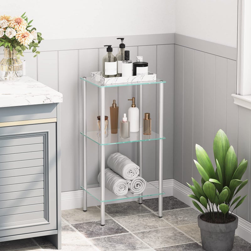 HOOBRO Glass Shelf, 3 Tier Bathroom Standing Shelf Unit, Tempered Glass Shelving Stand for Small Space, Perfume Stand Organizer, Space-Saving, for Bathroom, Bedroom, Steel Frame, Silver SV03CJ01 - Image 2