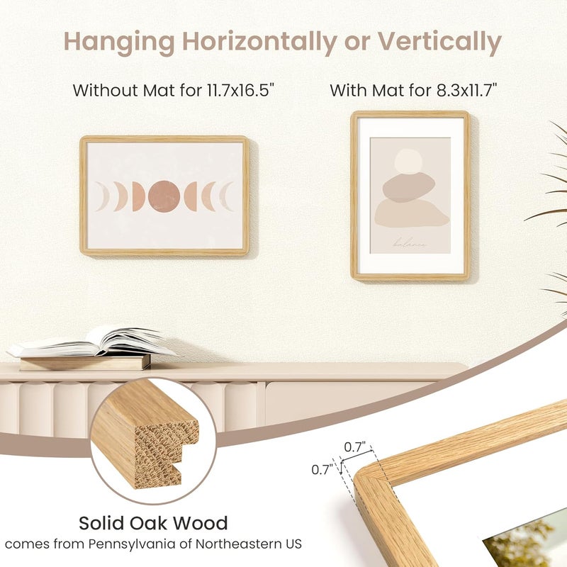 FLYJOE A3 Picture Frame | Solid Oak Wood Picture Frame | Poster Frame With Mat For A4 | Tempered Glass And Hanging Hardware Included | A3 Photo Frame (Natural Oak, 1 Pack) - Image 2