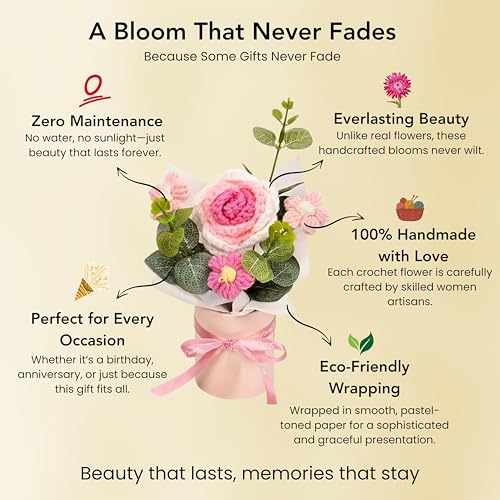 Ekhasa Nostrae by Ekhasa Pink With White Crochet Flowers Bouquet (Small Size) | Knitted Flowers For Gifting | Woolen Bouquet Perfect For Crochet Gifts | Handmade Bouquets Gift - Image 5