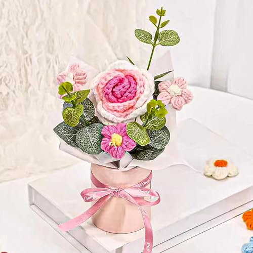Ekhasa Nostrae by Ekhasa Pink With White Crochet Flowers Bouquet (Small Size) | Knitted Flowers For Gifting | Woolen Bouquet Perfect For Crochet Gifts | Handmade Bouquets Gift - Image 1