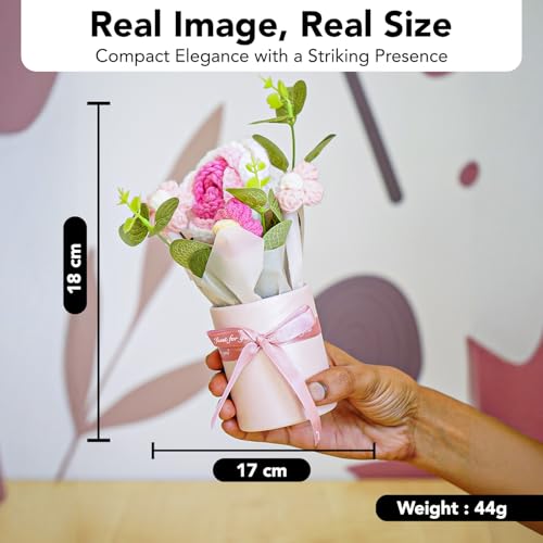 Ekhasa Nostrae by Ekhasa Pink With White Crochet Flowers Bouquet (Small Size) | Knitted Flowers For Gifting | Woolen Bouquet Perfect For Crochet Gifts | Handmade Bouquets Gift - Image 3