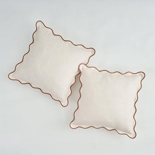 Mayler Yee Scalloped Throw Pillow Covers Set of 2 for Living Room, Cotton & Linen, Boho Sytle Decorative Home (Beige Main Body & Brown Edge, 20x20 Inch / 50x50cm) - Image 1