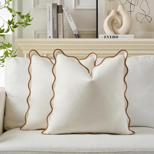 Mayler Yee Scalloped Throw Pillow Covers Set of 2 for Living Room, Cotton & Linen, Boho Sytle Decorative Home (Beige Main Body & Brown Edge, 20x20 Inch / 50x50cm) - Image 2
