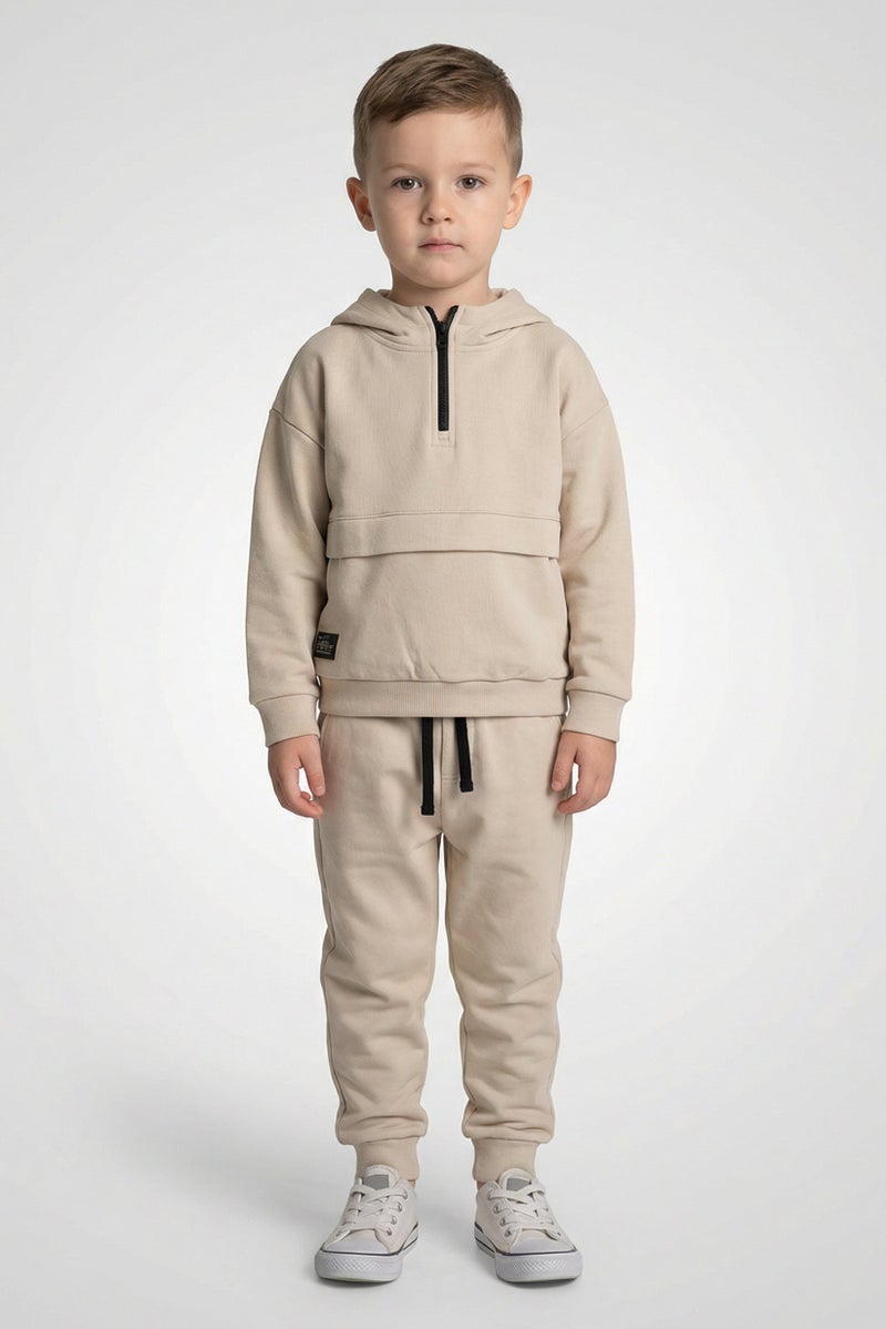 Fudo Toddlers Boy 2 Pieces Brand Logo Hoodie And Jogger, Beige - Image 1