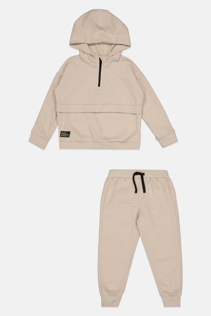 Fudo Toddlers Boy 2 Pieces Brand Logo Hoodie And Jogger, Beige - Image 3
