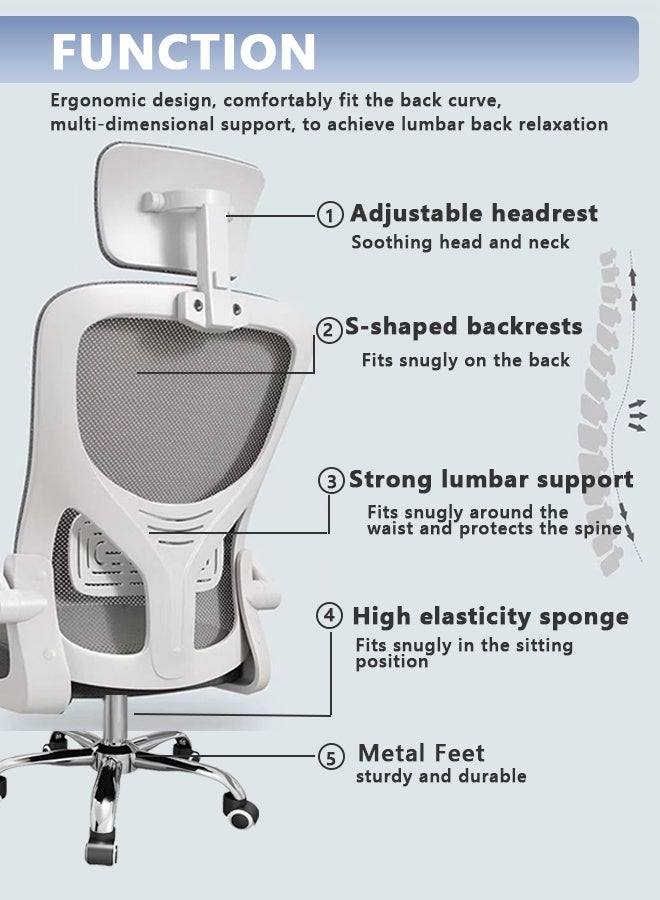 Bolivia's Office Chair,Ergonomic Mesh computer chair,Adjustable Height, Lumbar Support, ,Comfortable High Back Executive Swivel Computer Office Chair with Flip-up Armrests Comfortable Headrest (Grey)  - Image 2