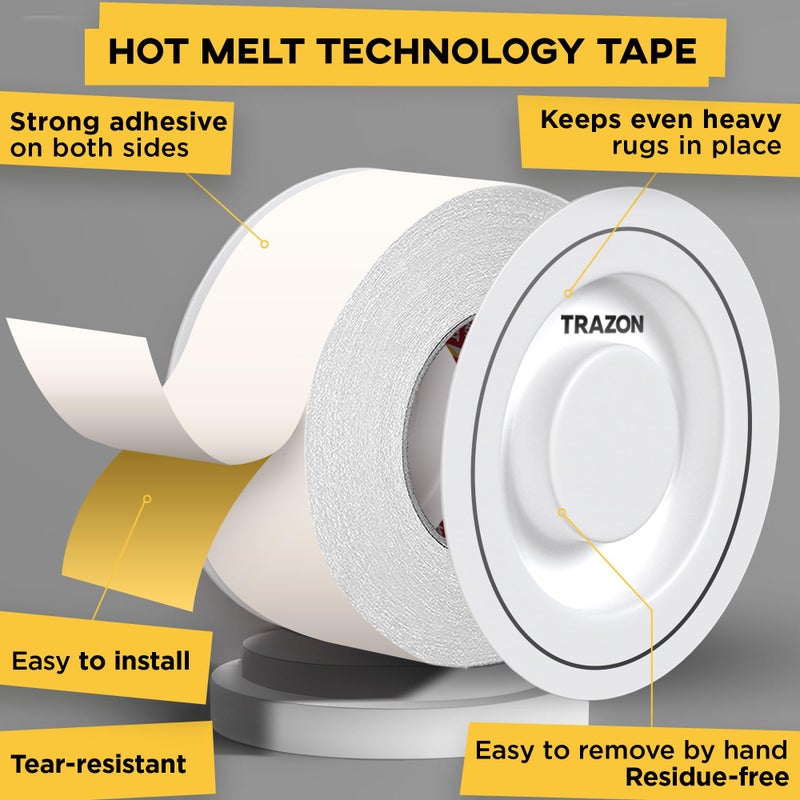 Trazon Carpet Tape Double Sided - Rug Tape Grippers for Hardwood Floors and Area Rugs - Carpet Binding Tape Strong Adhesive and Removable, Heavy Duty Stickers Grip Tape, Residue Free (2 Inch / 15 Yards) - Image 2