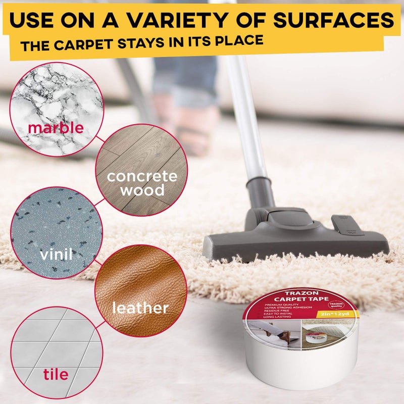 Trazon Carpet Tape Double Sided - Rug Tape Grippers for Hardwood Floors and Area Rugs - Carpet Binding Tape Strong Adhesive and Removable, Heavy Duty Stickers Grip Tape, Residue Free (2 Inch / 15 Yards) - Image 5