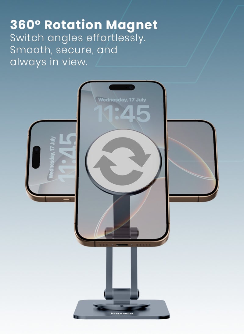 Moxedo Holdex Mobile Phone Stand 360° Rotatable Magnetic Phone Holder Aluminium Alloy for Desk Compatible for iPhone 16 15 14 13 12 Series Fit for Al 5.8” to 7.1” Devices - Image 4