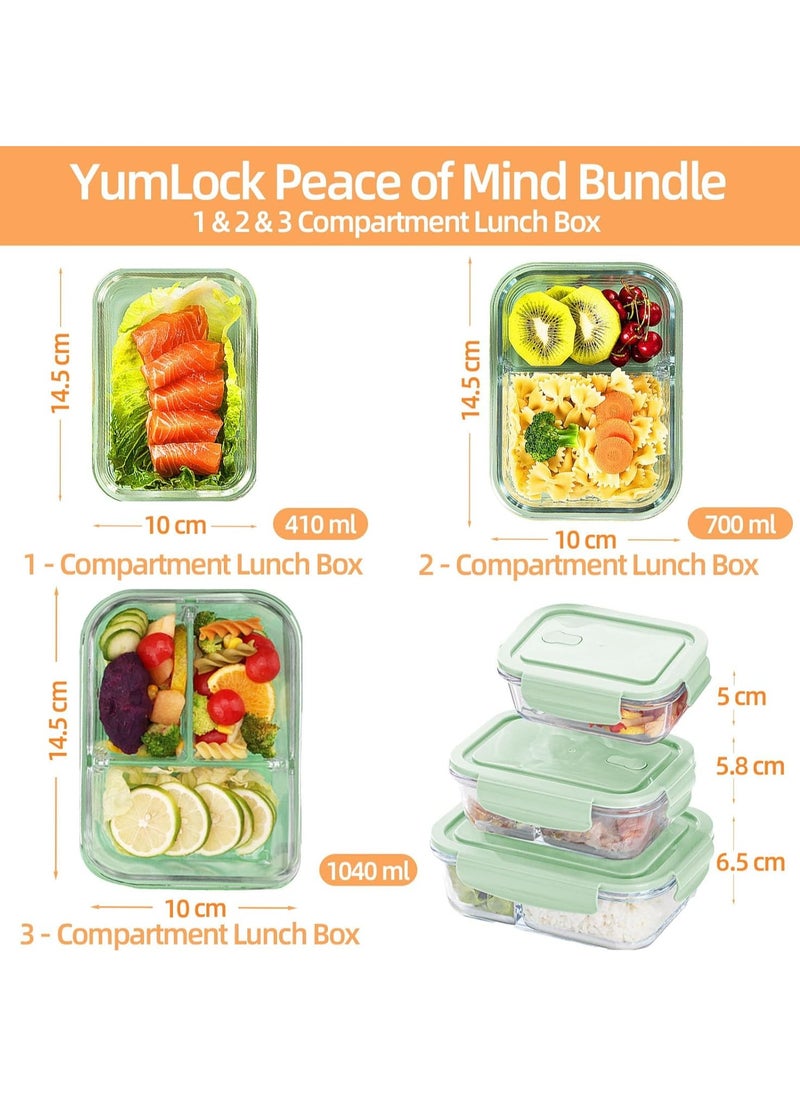DUNISO 3 pieces glass kitchen meal preparation containers, 410ml, 650ml,960ml with durable lock lids, meal preparation containers, children's and adult glass bento boxes  - Image 2