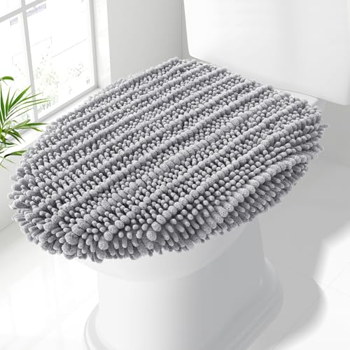 Smiry Soft Chenille Bathroom Toilet Lid Cover Stays in Place Rubber Backing Covers Machine Washable 175x15 Fits Most Round Elongated and Oblong Lids Accessories Decor Grey - Image 1