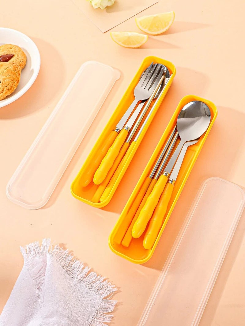 Home-Cloud Home Cloud Premium Stainless Steel Cutlery Set Of 3-Piece (Spoon, Fork, Chopsticks) Including Travel Spoon Box - Exquisite Portable Tableware For Customized Gifts (Yellow) - Image 2